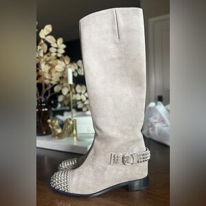 NEW Christian Louboutin Egoutina Flat Tall Boot Gray Leather Suede Spikes US 8.5
